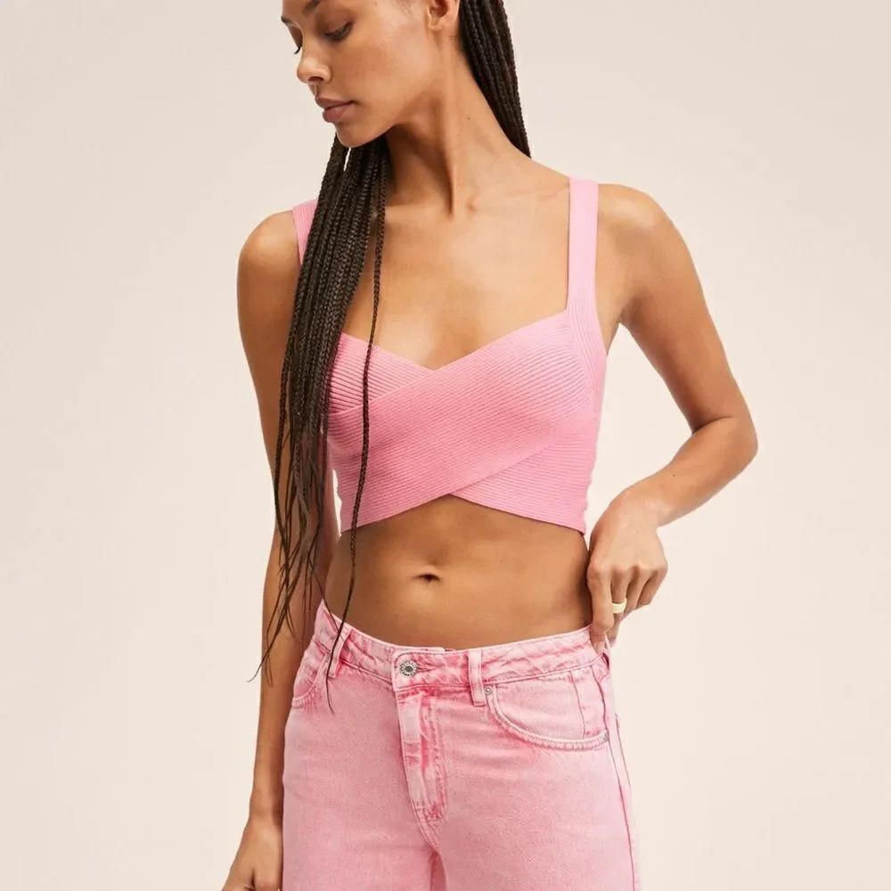 MNG Mango Pink Knitted Cropped Wrap Top - Size Small
